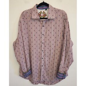Robert Graham Mens Button Down Shirt XL Red Check Plaid Flip Cuff Silk Trim